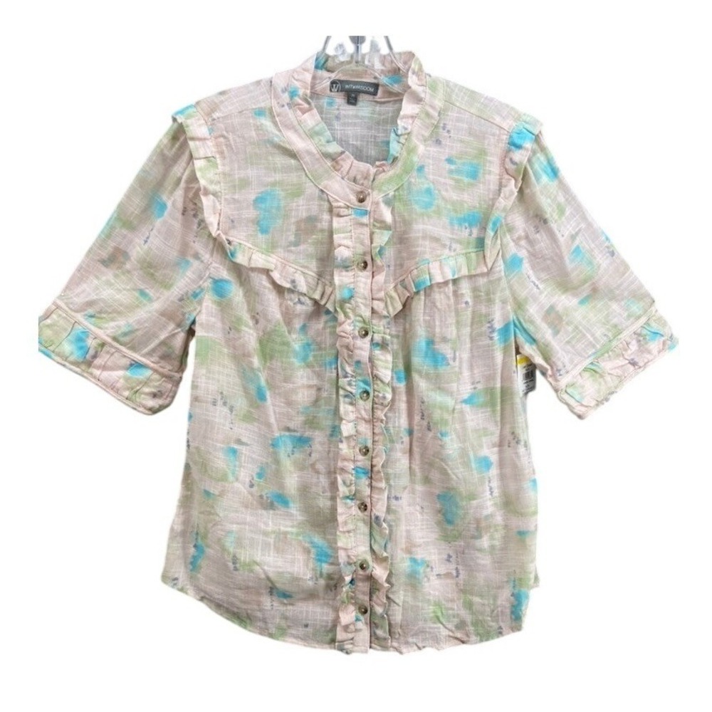 Wit & Wisdom Shirt Women Sz M Ruffle Button‎ Up Blouse Pink Watercolor